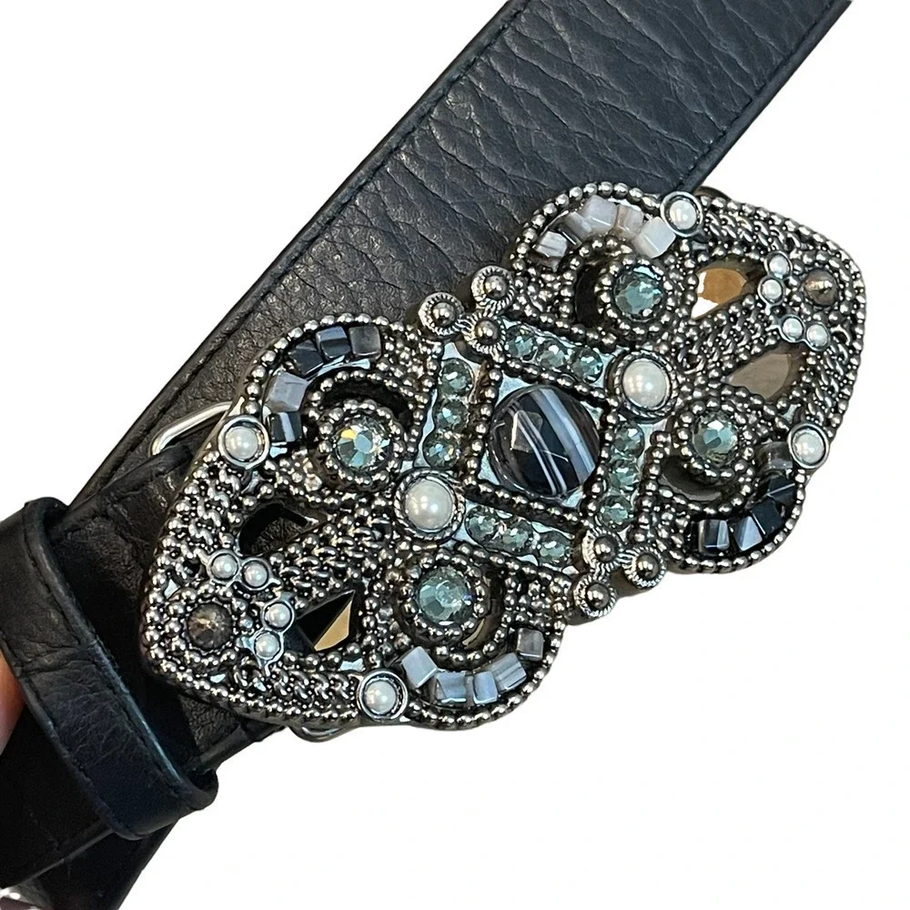 Leatherock Black Embellished Studded Buckle Genuine Leather Belt M34
